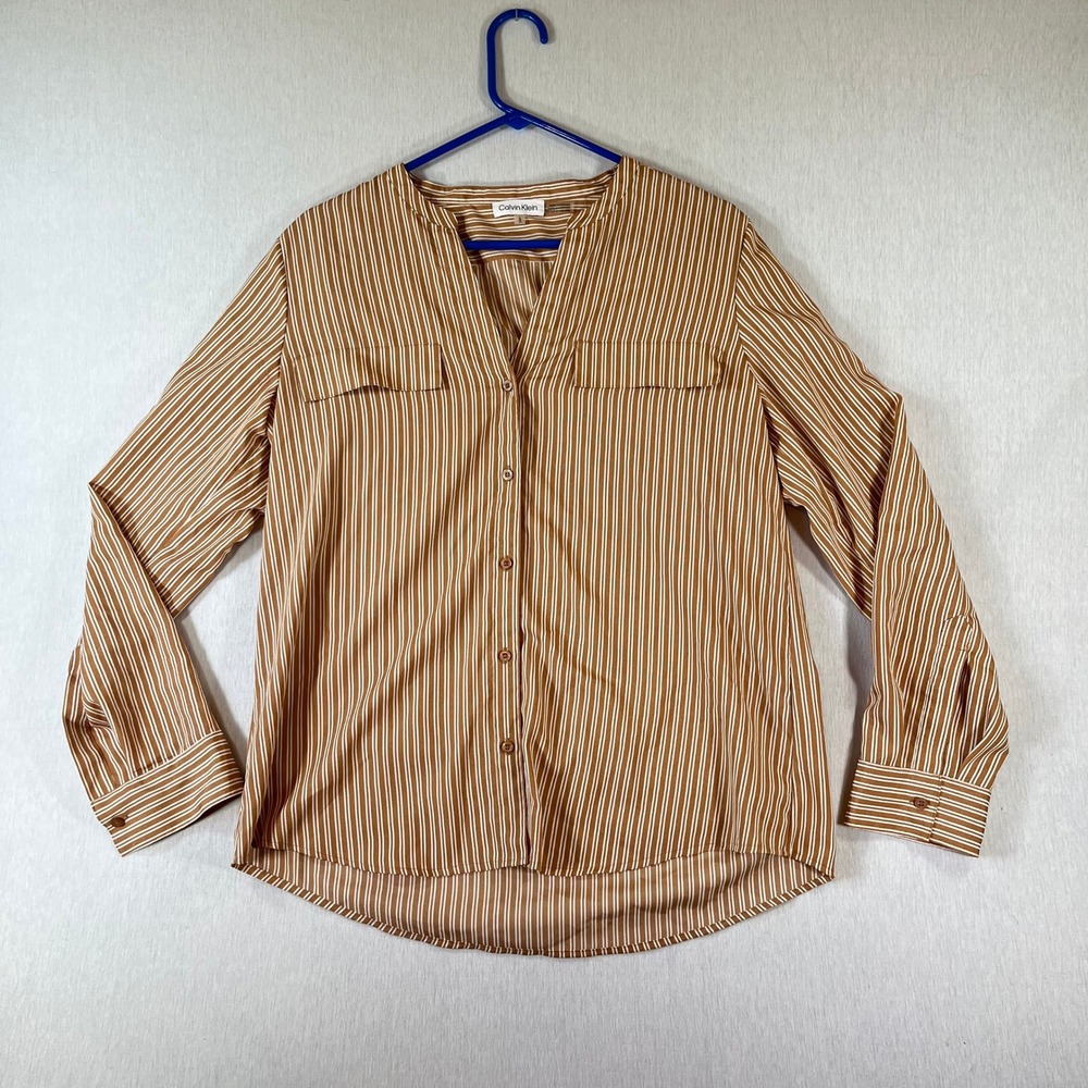Calvin Klein Top Women L Brown White Striped Button Down Blouse Roll Up Sleeve